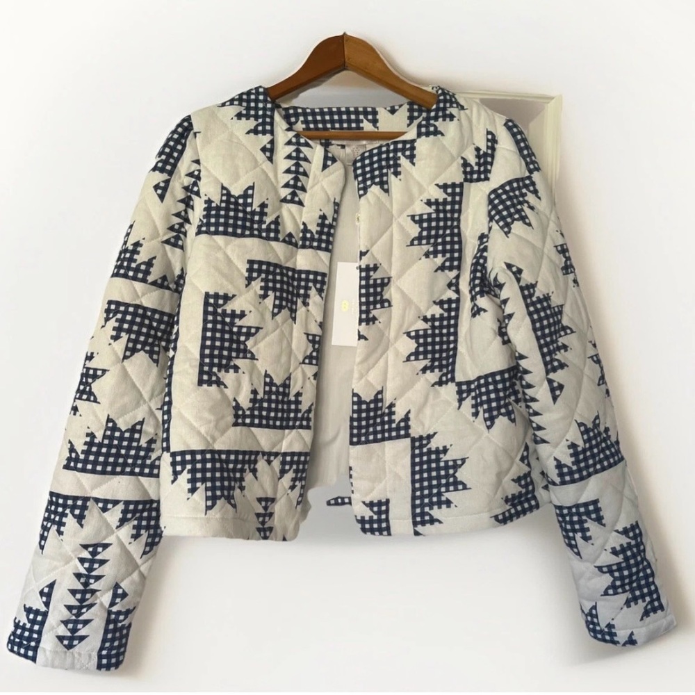 Caroline Constas White and Navy Gingham Cropped Blazer - Picture 2 of 8